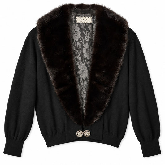 Vintage Handmade 100% Cashmere Cardigan Genuine Detachable Mink Collar Black Brown