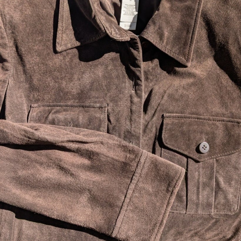 Liz Claiborne Collection Petite Brown Suede Shirt Jacket Snap Pockets PM NWT