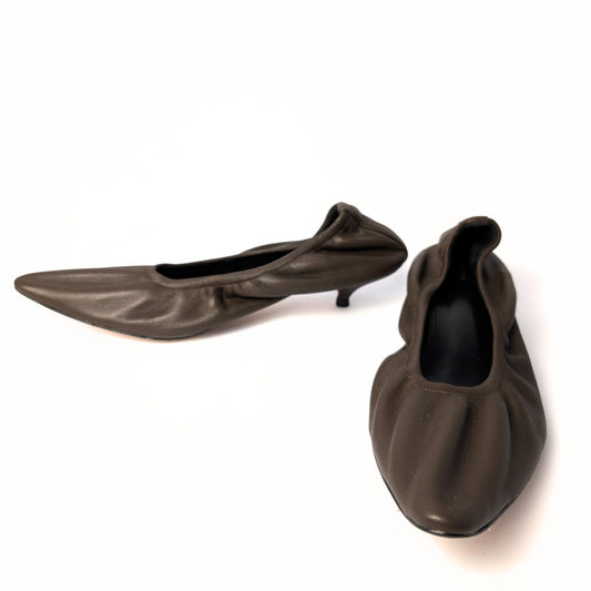 The Row Brown Leather Kitten Heel Pumps Almond Toe Liisa