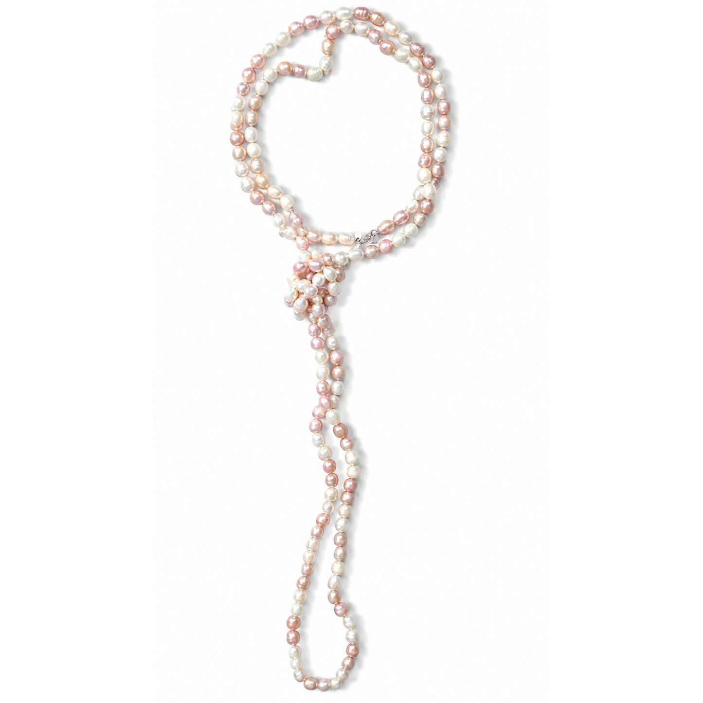 64" Cultured Baroque Pearl Necklace White & Pink 925 Silver Clasp