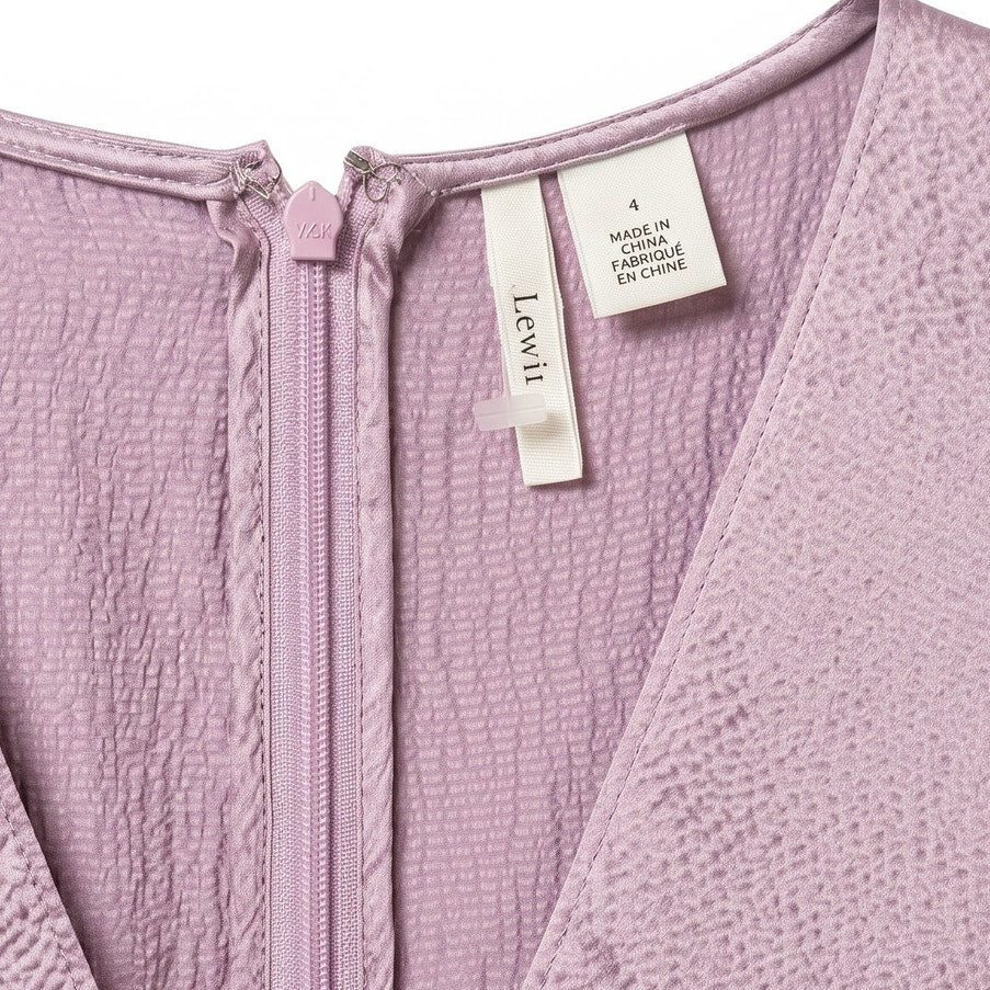 100% Silk Lewit Lilac Crinkle Midi Dress | V-Neck Blouson Sleeves | Buckle Belt