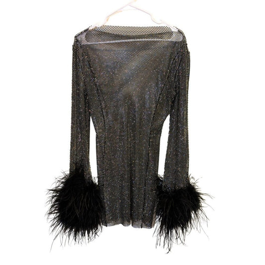 Santa Brands Black Rhinestone Ostrich Feather Mini Dress