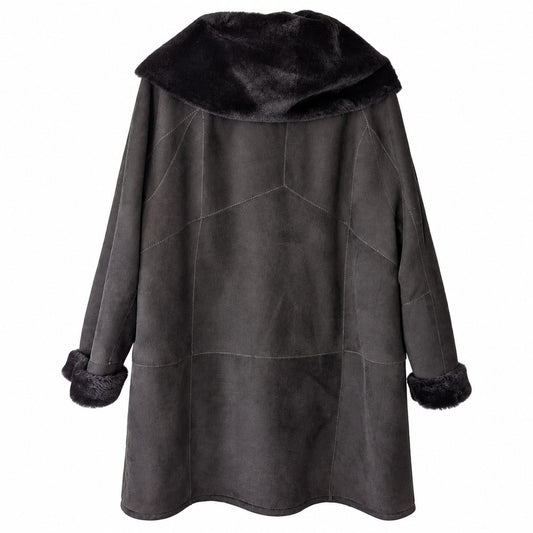 HiSO Genuine Spanish Shearling Sheepskin Hooded Coat Black Size 16