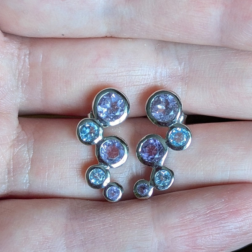 925 Sterling Silver Amethyst & Blue Topaz Stud Earrings Bezel Set Post Earrings New