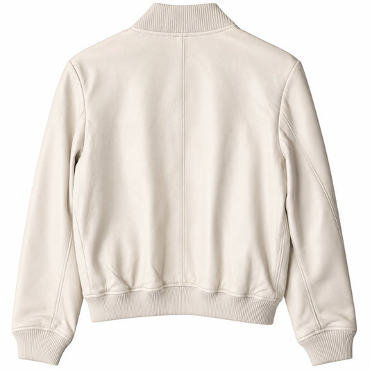 Nordstrom Ivory Genuine Leather Bomber Jacket Zip Front Ribbed Knit Trim