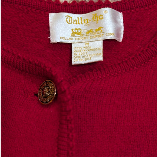 Tally-Ho Red 100% Wool Cardigan Sweater Jacket, Metal Buttons, Size M
