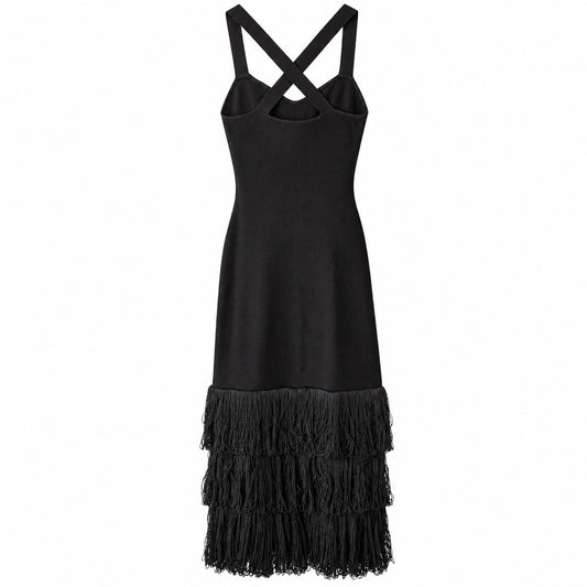 Anna Quan 100% Cotton Cross Black Knit Fringe Maxi Dress