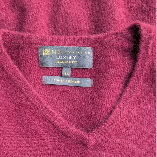 M&S Collection Luxury Men's Pure Cashmere V-Neck Sweater, Burgundy, Size XL