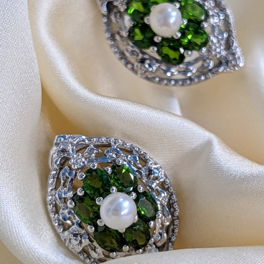 925 Sterling Silver Chrome Diopside, Pearl & Diamond Accent Earrings