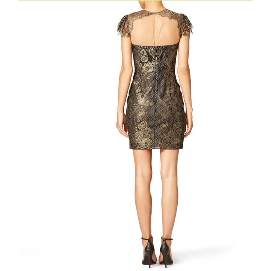 Marchesa Notte Black Gold Lace Sheath Cocktail Dress