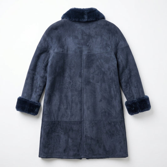 Vintage Sawyer of Napa 100% Shearling Suede Coat Navy Blue Sheepskin