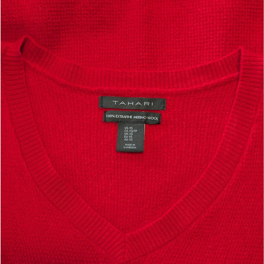 Tahari Red 100% Extra Fine Merino Wool V-Neck Sweater, Size XS