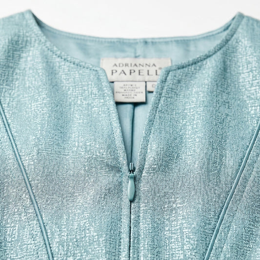 100% Silk Adrianna Papell Teal Aqua Metallic Silk Blazer Jacket | Size 12