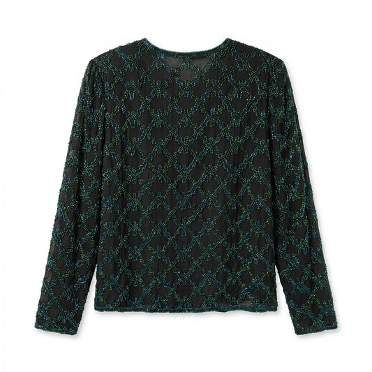 100% Silk Black Teal Green Seed Bead Geometric Evening Jacket Scala | XL