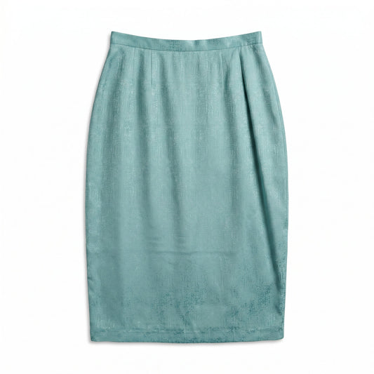 100% Silk Adrianna Papell Teal Aqua Metallic Jacquard Silk Pencil Skirt
