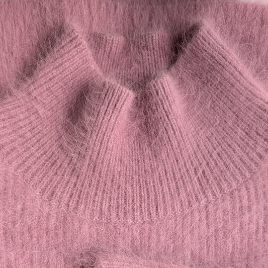 Lilac Pink Fuzzy Wool Angora Feel Mock Neck Tunic Sweater Dress, Front Slit