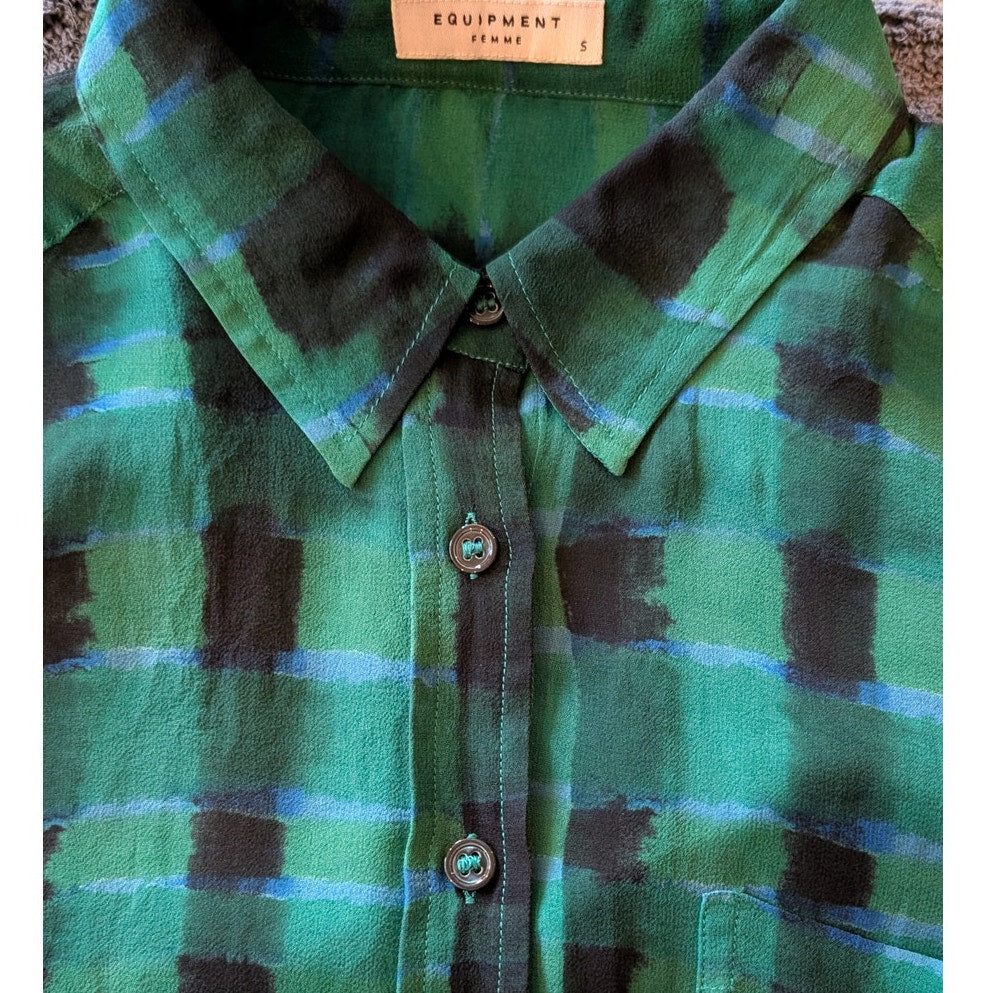 100% Silk Equipment Femme Sheer Green Blue Black Plaid Shirt | Size S