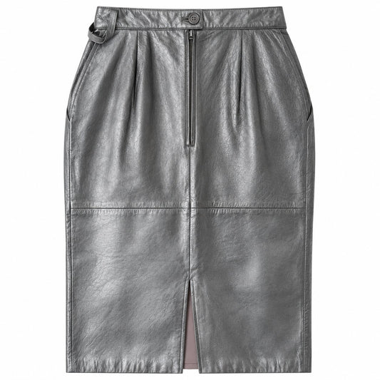 Vintage Silver Metallic Genuine Leather Pencil Skirt Back Slit Pleated XS