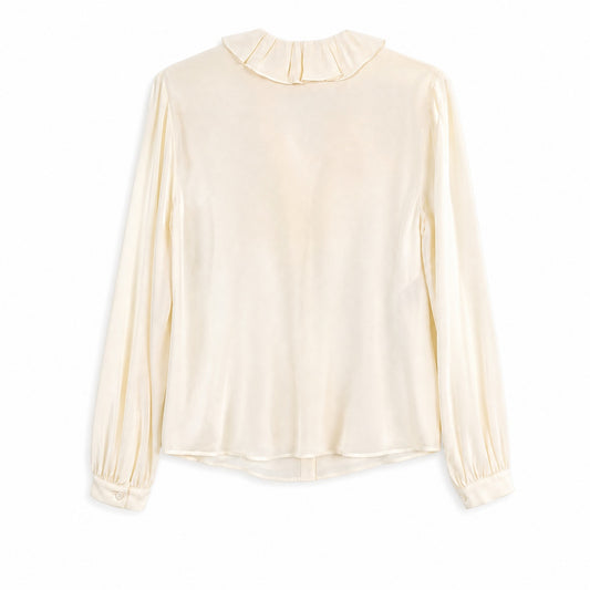 NWT 100% Silk Cream Ecru Crepe Ruffle Neck Blouse Tara Jarmon | Balloon Sleeves | US 6