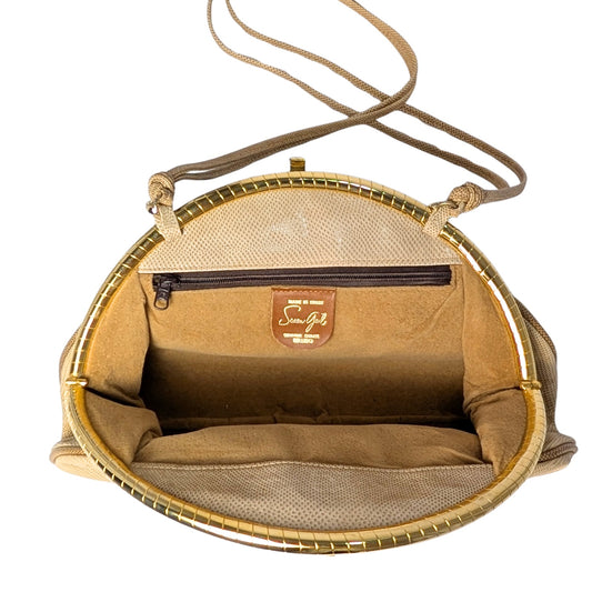 100% Genuine Lizard Skin Susan Gail Half Moon Clutch Evening Bag Beige Gold Vintage