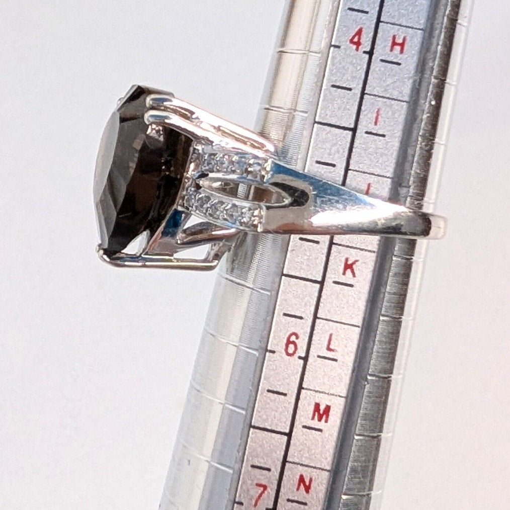 Smoky Quartz Statement Ring 925 Sterling Silver Size 5 Trillion Cut CZ Accent Ring