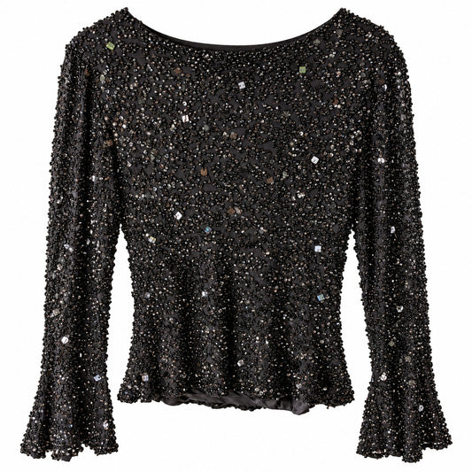Marina Black Beaded Sequin Silk Top Cowl Neck Bell Sleeve Size L