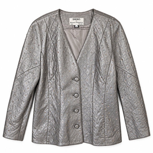 RARE DERO Rocco D'Amelio Silver Studded Leather Skirt Suit Quilted Jacket