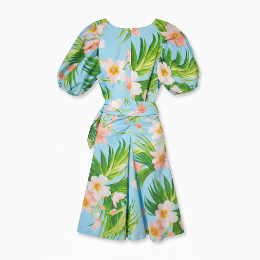 Carolina Herrera Blue Tropical Floral Mini Dress | Puff Sleeves | Belted | 100% Cotton | Italy