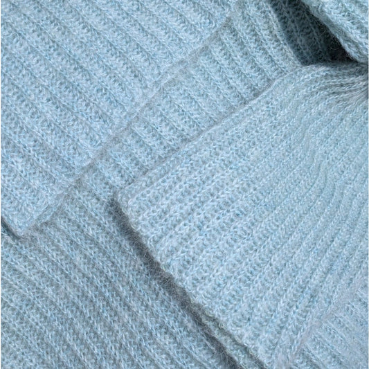 Light Blue Mohair Wool Blend Cropped Turtleneck Sweater, Chunky Wide Rib Knit