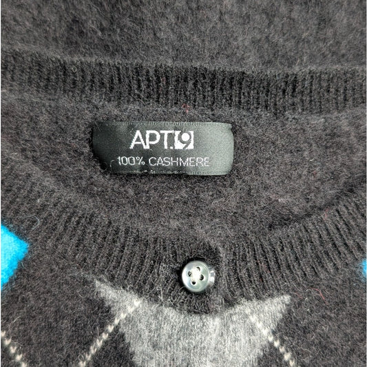 Apt. 9 100% Cashmere Argyle Cardigan Sweater, Black Turquoise Gray, Size L