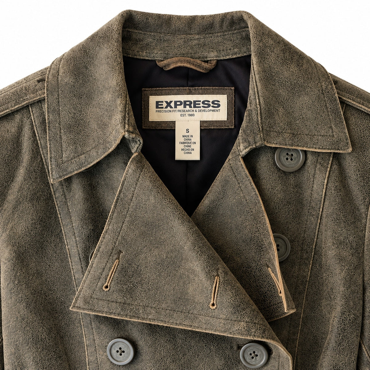 Express Distressed Leather Double Breasted Cropped Jacket Olive Peplum Size S