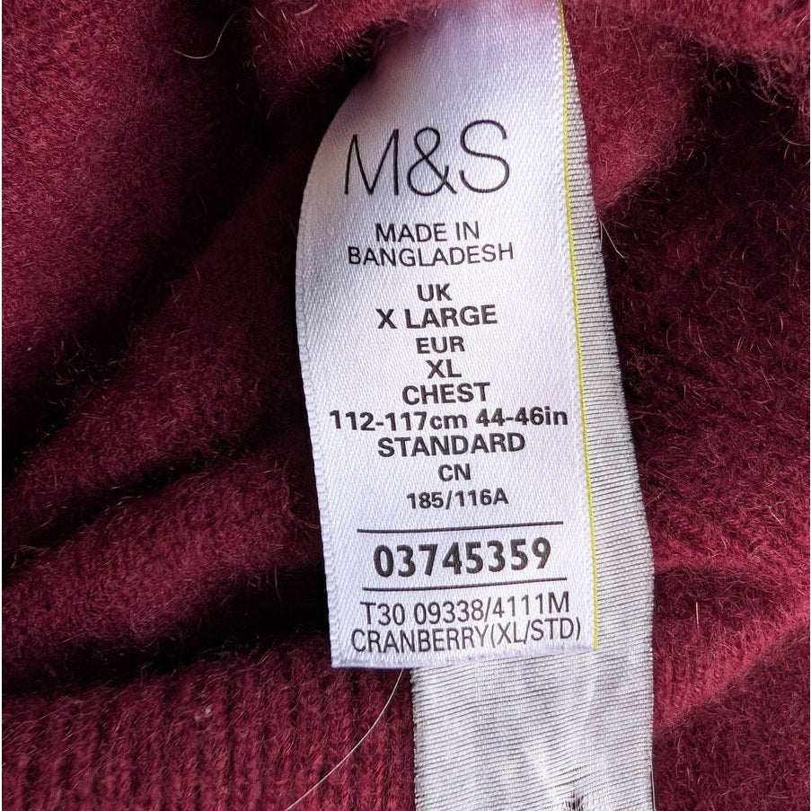 M&S Collection Luxury Men's Pure Cashmere V-Neck Sweater, Burgundy, Size XL