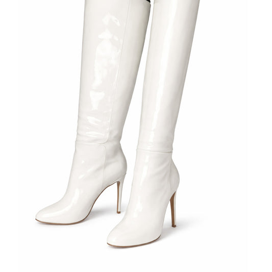 Aquazzura Brera 105 White Patent Leather Knee-High Boots Size 36.5 NWT