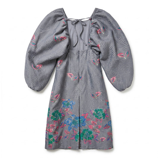 GANNI Gray Seersucker Jacquard Balloon Sleeve Midi Dress | Floral Embroidery | EU 38