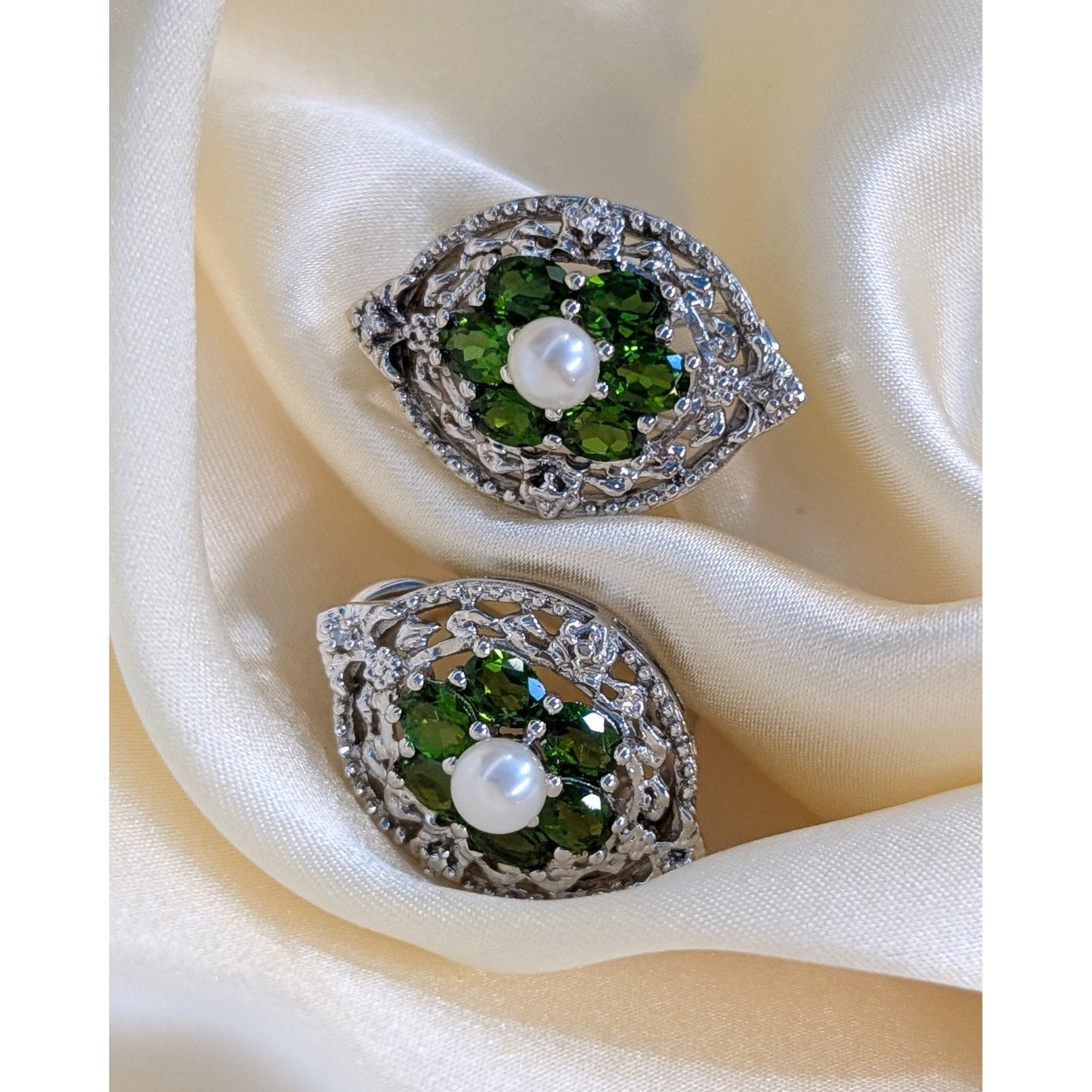 925 Sterling Silver Chrome Diopside, Pearl & Diamond Accent Earrings