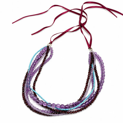 Artisan 6 Strand Garnet Amethyst Turquoise Necklace Sterling Silver Adjustable