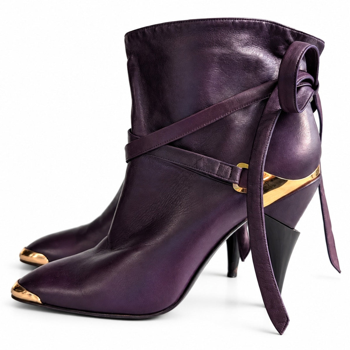 Vintage Purple Genuine Leather Slouch Ankle Boots Gold Toe Cap Wrap Tie EU 40