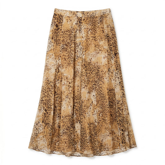 100% Silk Tan Brown Leopard Print Chiffon Midi Skirt Laura Ashley | Size 10