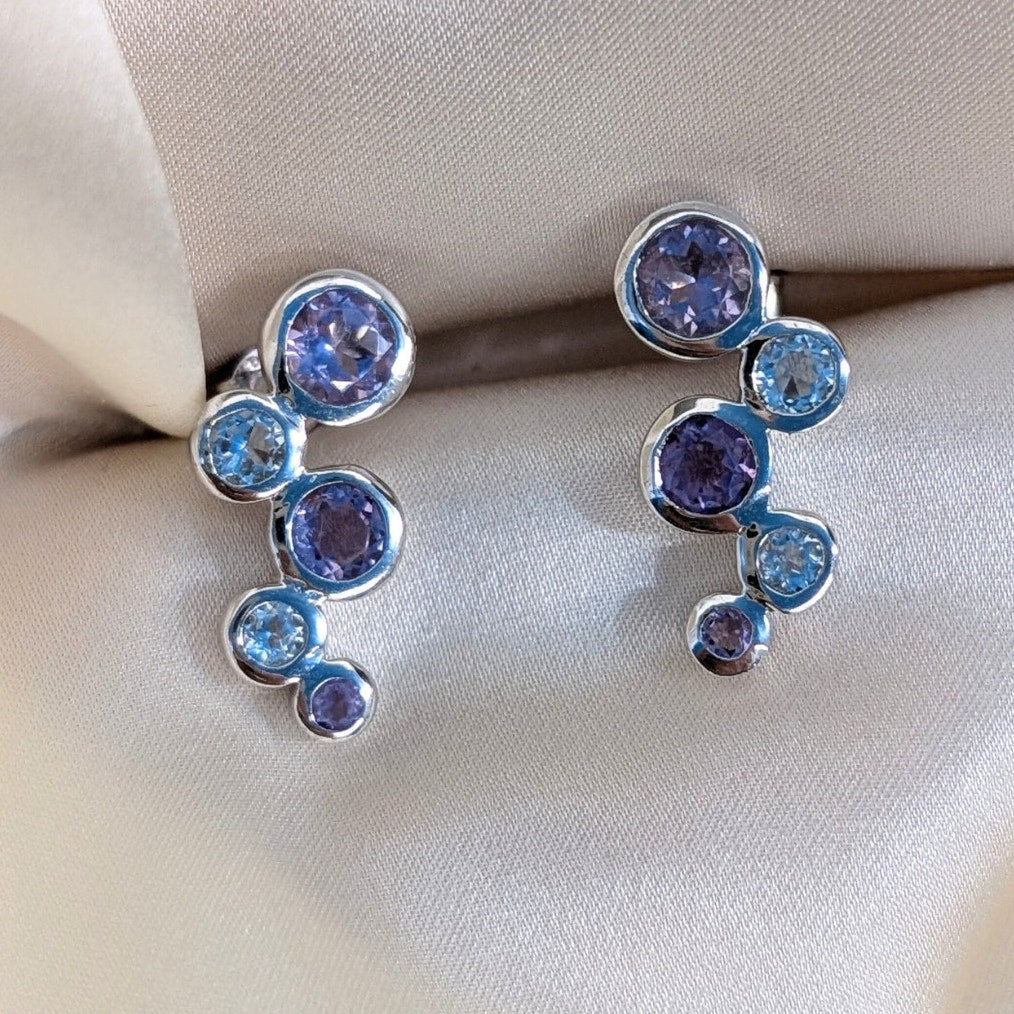 925 Sterling Silver Amethyst & Blue Topaz Stud Earrings Bezel Set Post Earrings New