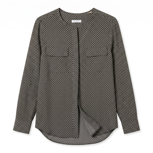 100% Silk Black & Grey Houndstooth Blouse Equipment | Long Sleeve | S
