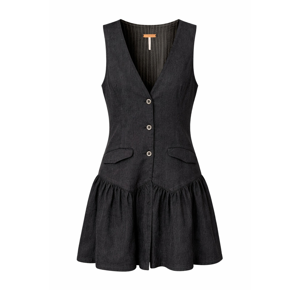 100% Wool Charcoal Free People Sleeveless Vest Mini Dress Button Front Drop Waist V Neck