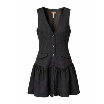 100% Wool Charcoal Free People Sleeveless Vest Mini Dress Button Front Drop Waist V Neck