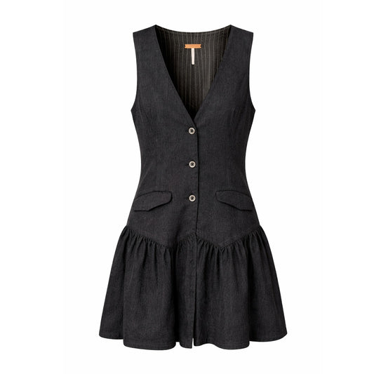 100% Wool Charcoal Free People Sleeveless Vest Mini Dress Button Front Drop Waist V Neck