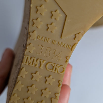 Jimmy Choo Tan Suede Cork Platform Sandals with Gold Accents