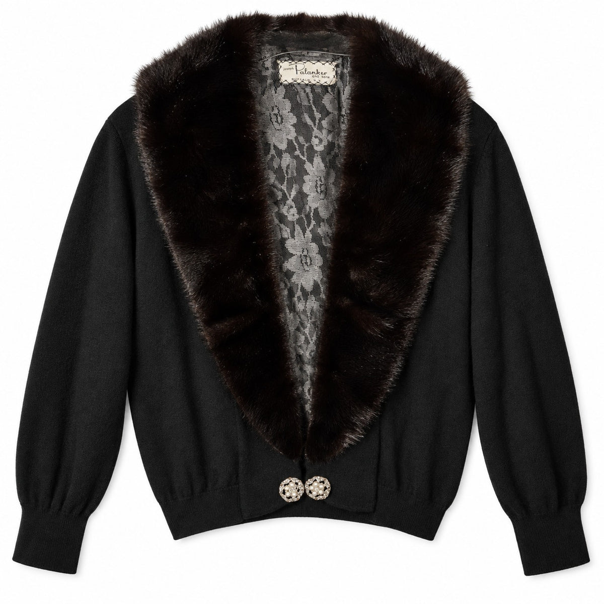 Vintage Handmade 100% Cashmere Cardigan Genuine Detachable Mink Collar Black Brown