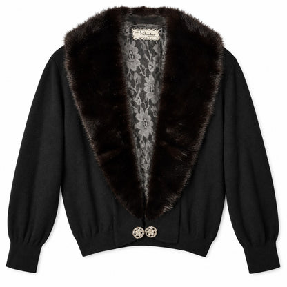 Vintage Handmade 100% Cashmere Cardigan Genuine Detachable Mink Collar Black Brown