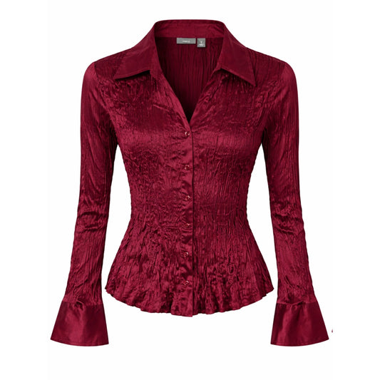 NWT 100% Silk Burgundy Wine Crinkle Satin Blouse Apt. 9 | Button-Front | M