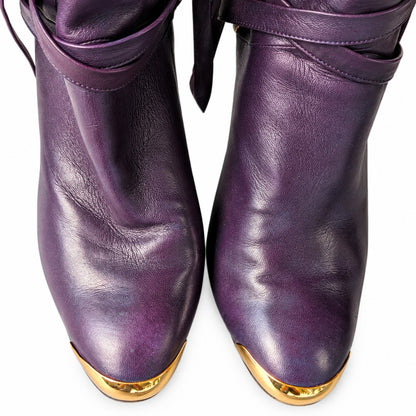 Vintage Purple Genuine Leather Slouch Ankle Boots Gold Toe Cap Wrap Tie EU 40