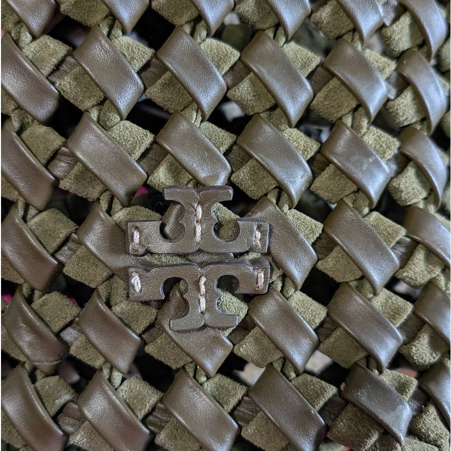 Tory Burch McGraw Woven Leather Tote Bag Olive Green Genuine Leather Handwoven Shopper