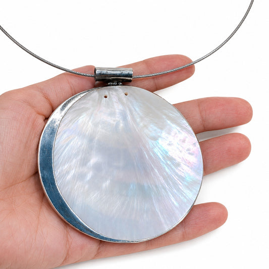 925 Silver and Mother of Pearl Statement Pendant Necklace Iridescent Shell 16.5"